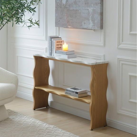 47.24" Whisper of Waves Modern Console Table w/ White Marble-Pattern Top, Solid Wood Veneered Sofa Table w/ Open Storage Shelf, Entryway Table for Living Room, Natural Wood