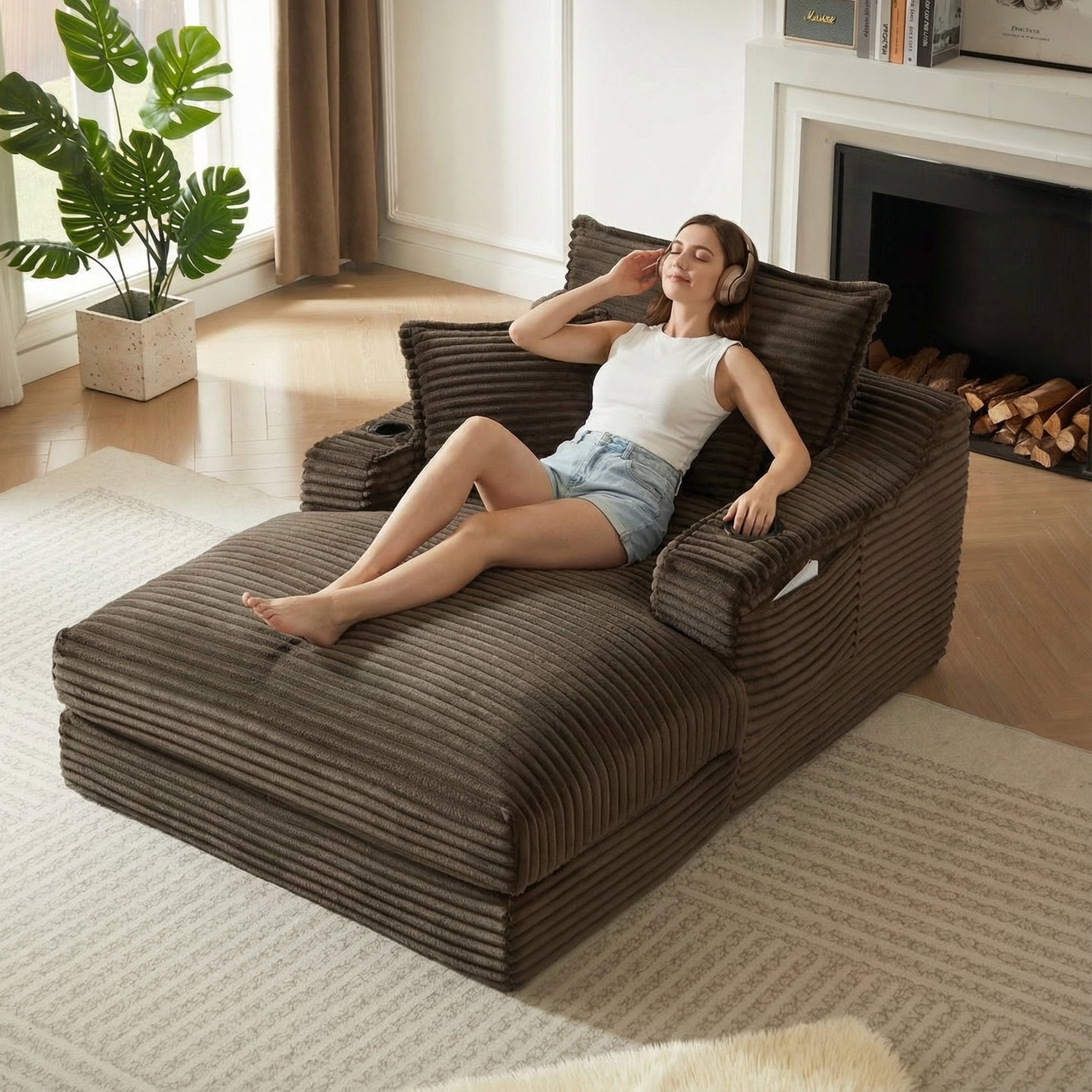 Kosynda 68"D Oversized Chaise Lounge Chair Indoor with Storage, Corduroy Upholstered Boneless Sleeper Sofa Bed with Cup Holder for Living Room, Bedroom, Brown