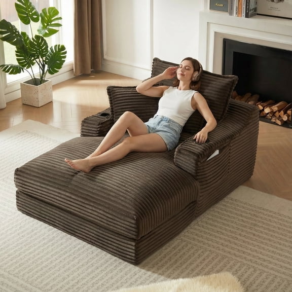 Kosynda 68"D Oversized Chaise Lounge Chair Indoor with Storage, Corduroy Upholstered Boneless Sleeper Sofa Bed with Cup Holder for Living Room, Bedroom, Brown
