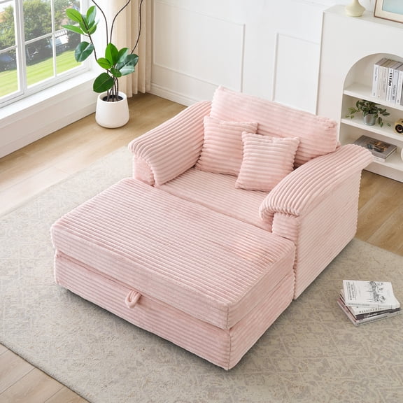 47.24-inch spring-wrapped corduroy armchair + storage stool set with USB ports - comfortable single-person sofa suitable for both living room and bedroom use ,Pink