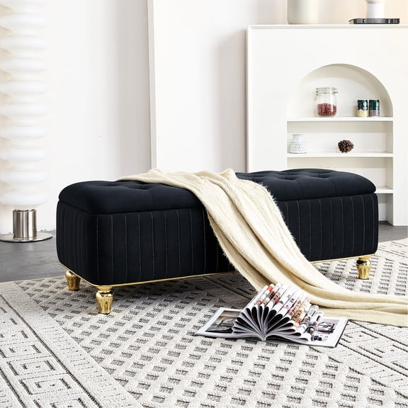 47.24''w Black Velvet With Expansive Storage. Deep Button Tufting, Gold Embroidery, And Metal Legs For Living Room & Bedroom Upholstered - 47.24''w. With Bedroom. Space Storage