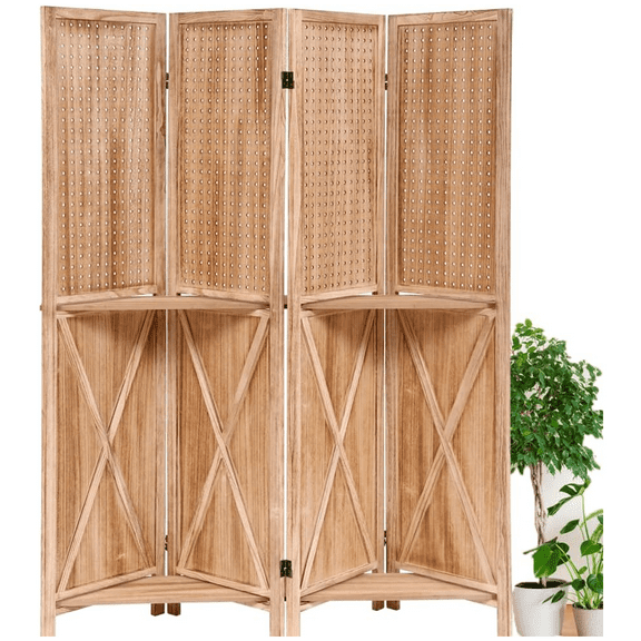 47.24"x67" Carved Wood  Foldable Partition,Divider Screen with Shelves for Home Office & Bedroom Privacy
