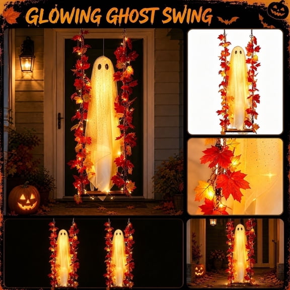 47.24in Maple Leaf Wreath Frame Swing Bench White Tulle Ghost Hanging LED Lamp Warm Glow Ghost Light Autumn Fall Red Maple Leaf Hanging Halloween Porch Tree Covered Outdoor Spooky Decor Ornament
