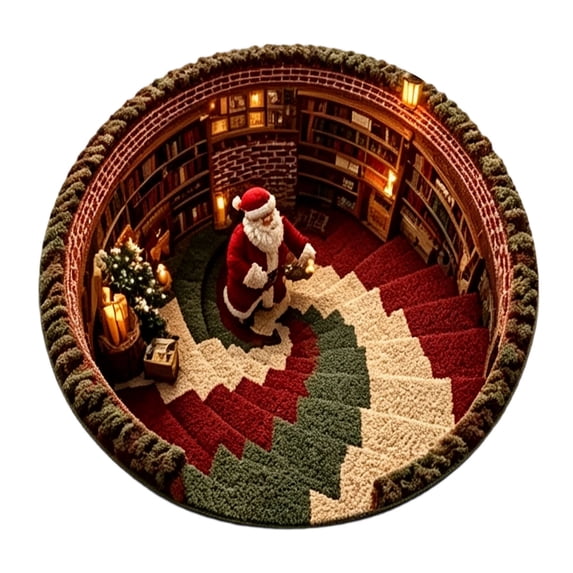 47.24in Round Christmas Area Rug, 3D Spiral Santa Library Stair Printed Circular Floor Mat, Holiday Home Decor for Living Room