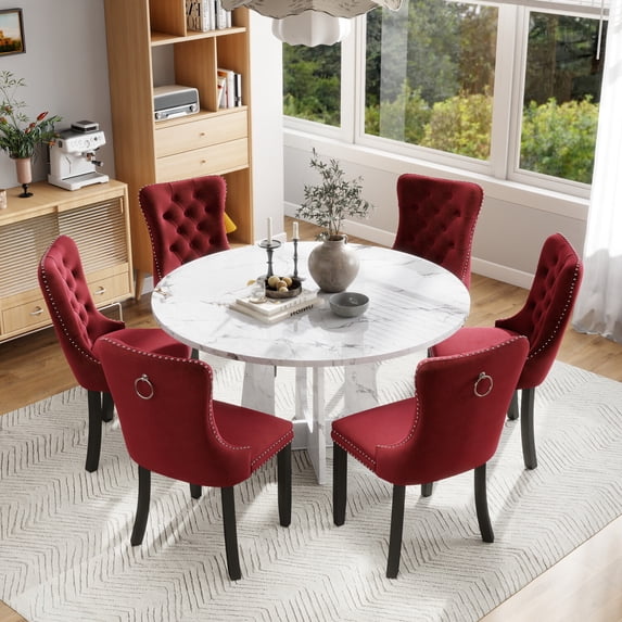 Mdf Tech 47.24in Wood Grain Round Farmhouse Dining Table with 4-6 Tufted Velvet ...