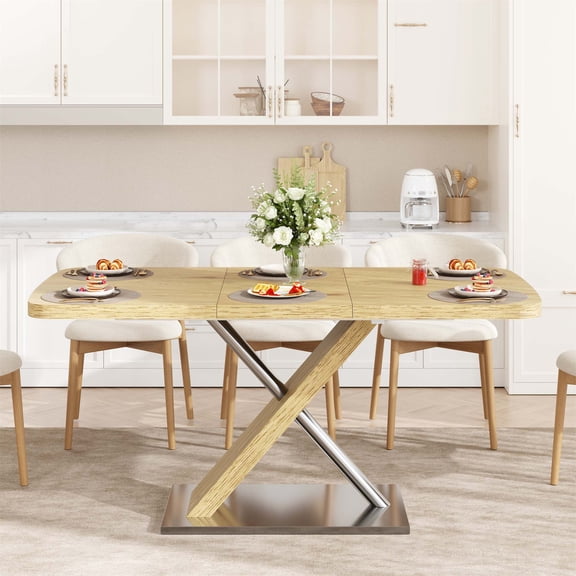 47.25 "-63" Dining Table, Original Wood Color, Seating 4-6 People, Retractable Table, Cross Metal Base and Stainless Steel Tubing(Natural)