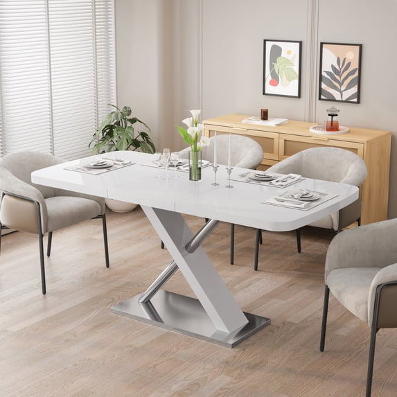 47.25''-63'' Extendable Dining Table for 4-6 People, Modern White Glossy Top with Crossed Metal Base & Easy One-Hand Extend Mechanism, Durable MDF & Stainless Steel Construction