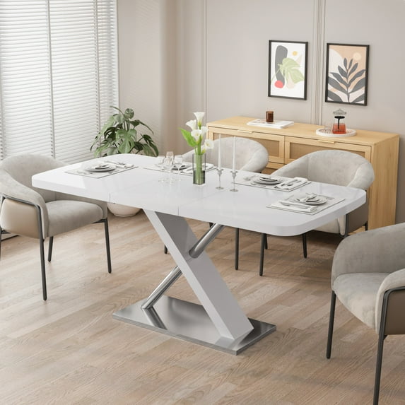 47.25''-63'' Modern White Glossy Dining Table for 4-6 People, Extendable Dining Table with Crossed Metal Base and Stainless Steel Tubes, Large Dining Table White(Same SKU:W757P160404)