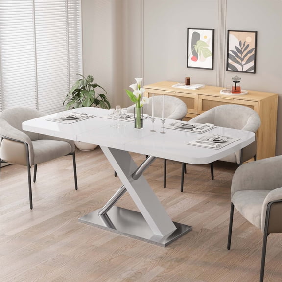 47.25''-63'' Modern White Glossy Dining Table for 4-6 People, Extendable Dining Table with Crossed Metal Base and Stainless Steel Tubes, Large Dining Table White