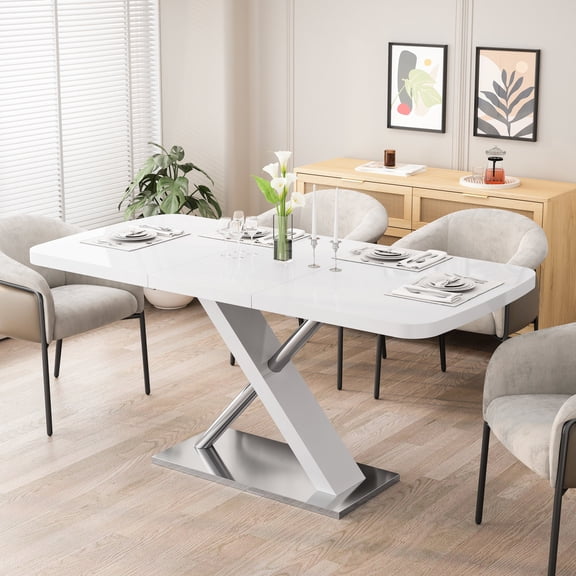 47.25'' - 63'' White Dining Table with Crossed Base / Retractable, Practical and Stable
