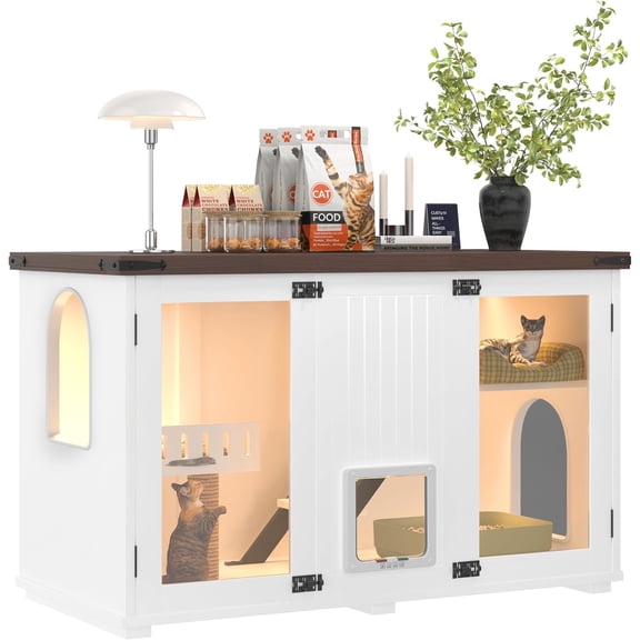 47.25 Inch Multi-Functional Hidden Cat Litter Box Enclosure with Smart Door & LED Light, Modern Cat House with Scratching Post & Stairs, Can be Used as Side Table/TV Stand - White