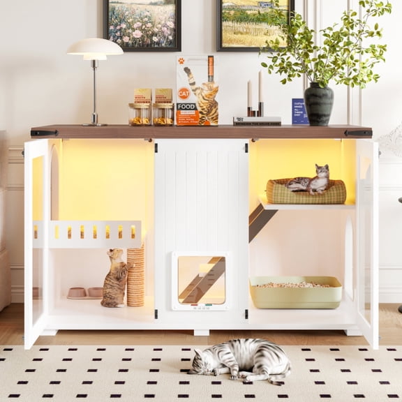 47.25" Large Cat Litter Box Enclosure with LED Light, Hidden Litter Box Furniture, Cat House with Stairs and Cat Scratching Post, Cat Cabinet Side Table with Smart Doors for Living Room, White