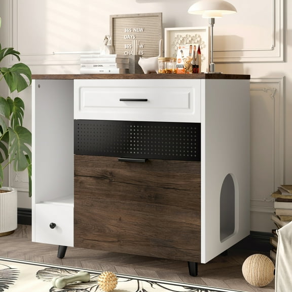 47.25" Large Cat Litter Box Enclosure with LED Light, Hidden Litter Box Furniture, Cat House with Stairs and Cat Scratching Post, Cat Cabinet Side Table with Smart Doors for Living Room, White