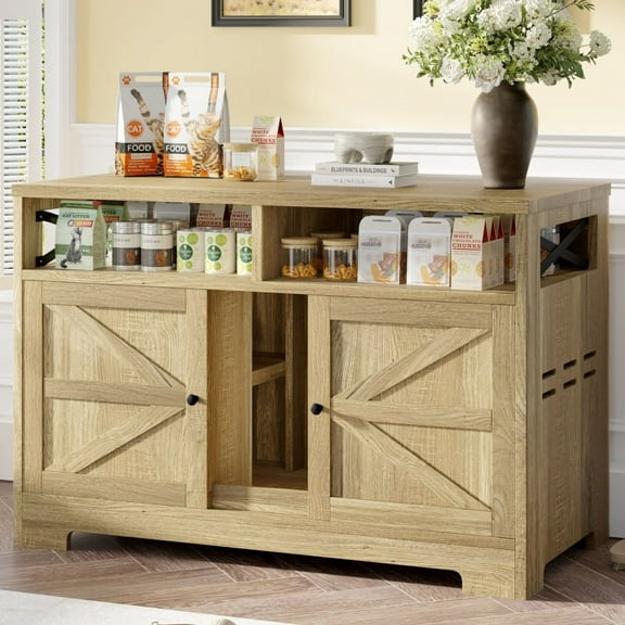 47.25" Large Cat Litter Box Enclosure with LED Light, Hidden Litter Box Furniture, Cat House with Stairs and Cat Scratching Post, Cat Cabinet Side Table with Smart Doors for Living Room, White