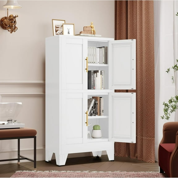 47.25" Metal Pantry Cabinet, Storage Cabinets with 4 Door and 2 Adjustable Shelves, White Bathroom Cabinet, Freestanding Cupboard for Kitchen Dining Living Room Bathroom