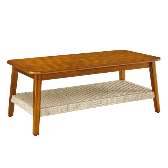 47.25" Mid-Century Coffee Table with Woven Shelf, Boho Rattan Coffee Table with Storage, Farmhouse Wood Low Rectangle Tea Table for Living Room Couch Patio Home Office