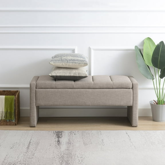 QianYueLUX 47.25'' Ottoman with Storage, End of Bed Storage Bench, Entryway Bench - Linen Upholstered Multi-Functional Footrest for Bedroom, Living Room, Dorm & Window Bench (Linen Grey Brown)