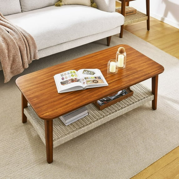 47.25" Rattan Coffee Table with Storage, Mid-Century Coffee Table With Woven Shelf, Farmhouse Wood Low Rectangle Tea Table For Couch Bedroom Patio