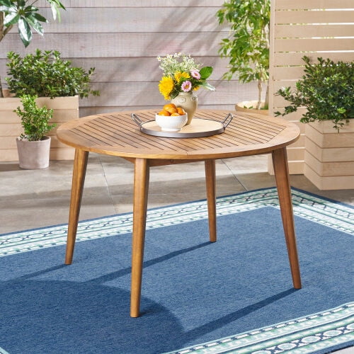 47.25 Round Acacia Wood Dining Table with Teak Finish, Modern Slatted Patio Table for Indoor & Outdoor Use, Space Saving Design for Small Patios