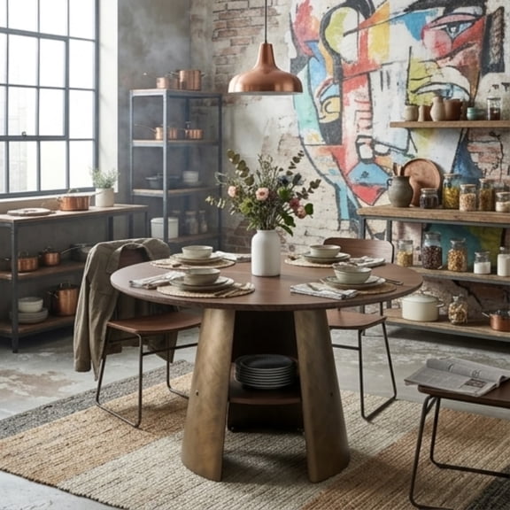 47.25" Round Dining Table, Retro Industrial Ketchen Table with Storage Layer, Kitchen Dining Room for 6 Seats, Walnut Wood Grain MDF Top, Bronze Metal Frame