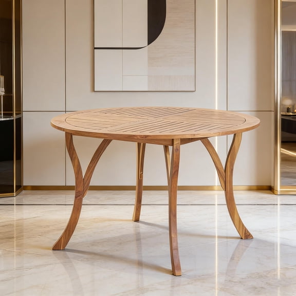 47.25" Round Dining Table with Teak Finish, Slatted Design Weather-Resistant for Outdoor Patio or Indoor Kitchen, Durable All-Weather Use