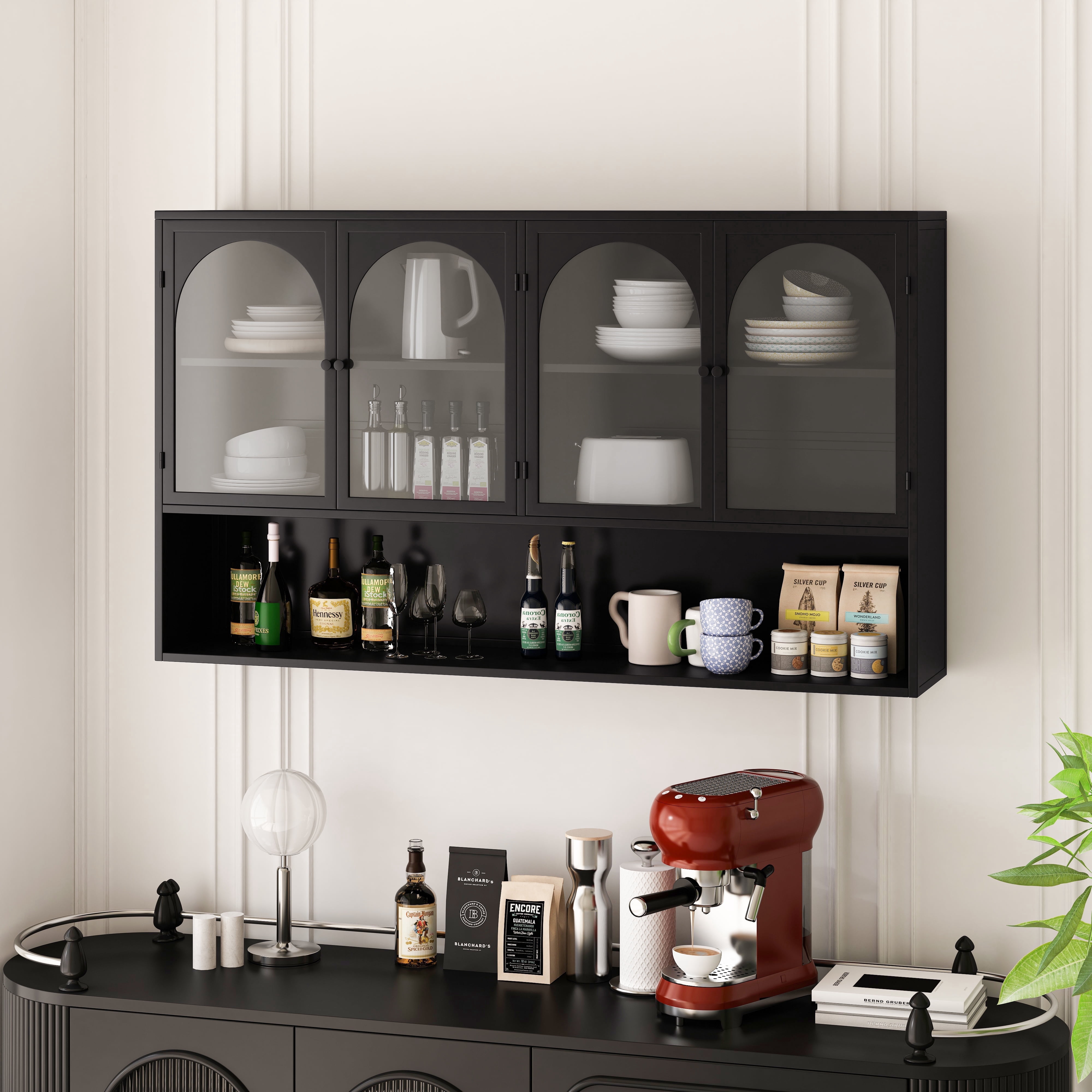 47.25" Wall Cabinet Storage with Four-Glass Doors, Wall-mounted, Suitable for Kitchen, Living Room, Bathroom (Black)