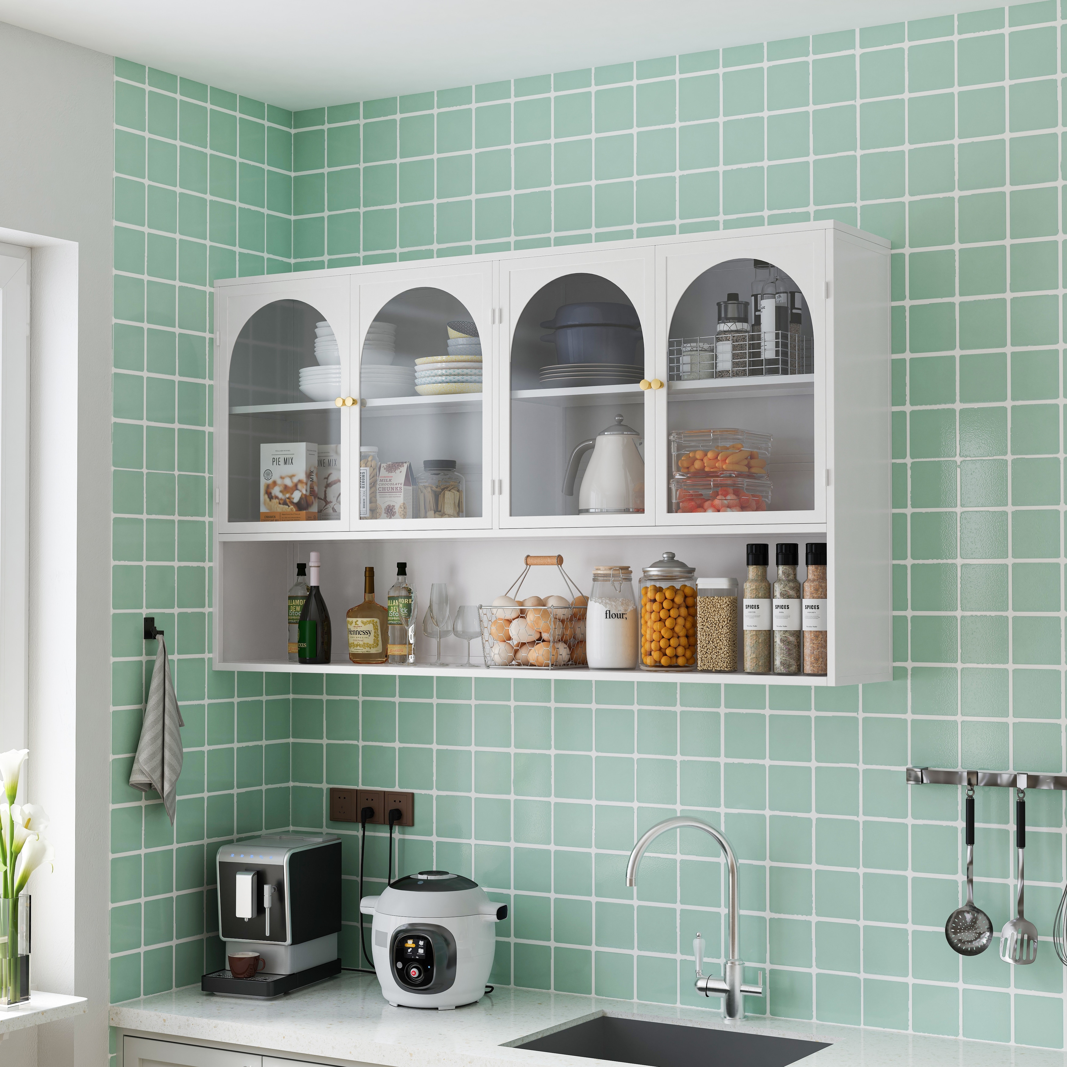 47.25" Wall-mounted Glass Wall Cabinet for Kitchen White
