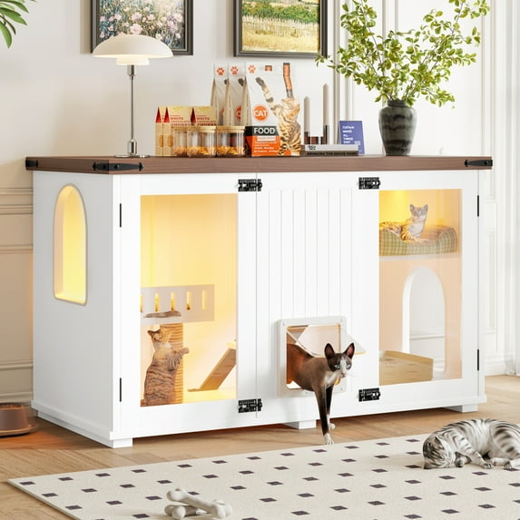 47.25" White Cat Litter Box Enclosure with LED Light & Smart Locking Door, Acrylic & Engineered Wood, for Large Cats (41-70 lbs)