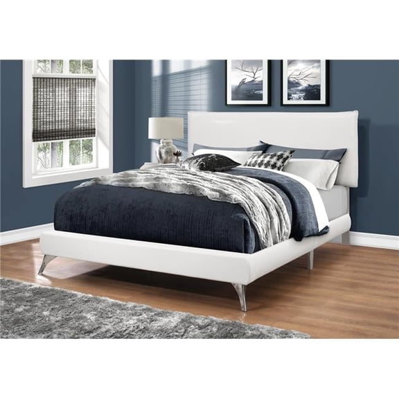 47.25 in. White Solid Wood, MDF, Foam & Linen Queen Sized Bed with Chrome Legs