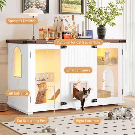 47.25in Large Cat Litter Box Enclosure with LED Light Hidden Furniture with Stairs Scratching Post Smart Doors White