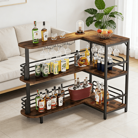 47.2in L Shaped Bar Table Home Bar with Stemware Rack 2 Open Shelves Rustic Brown Matte Black Finish 220lbs Capacity for Kitchen Dining Room Living Room Entertaining Corner