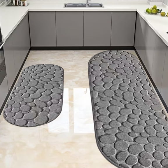 47.2in Memory Foam Bath Mat Set, 2-Piece Cobblestone Bathroom Rugs, Super Absorbent Non-Slip Polyester Mats, Machine Washable, Brown/Blue/Khaki/Black/Gray