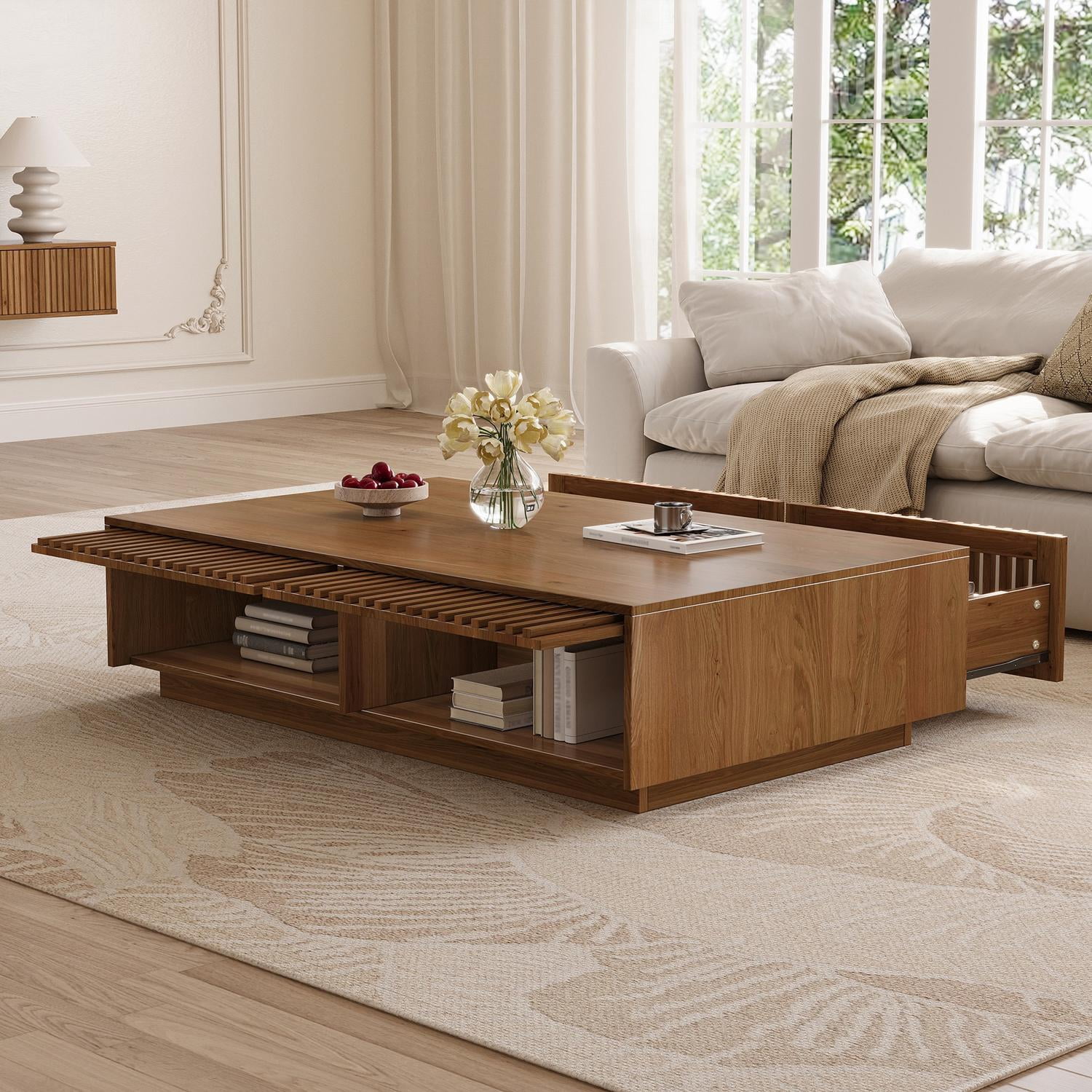 47.2x23.6-Inch Rectangular Coffee Table with Slatted Storage Drawers, Low Profile Mid-Century Center Table and Cocktail Table for Living Room, Walnut