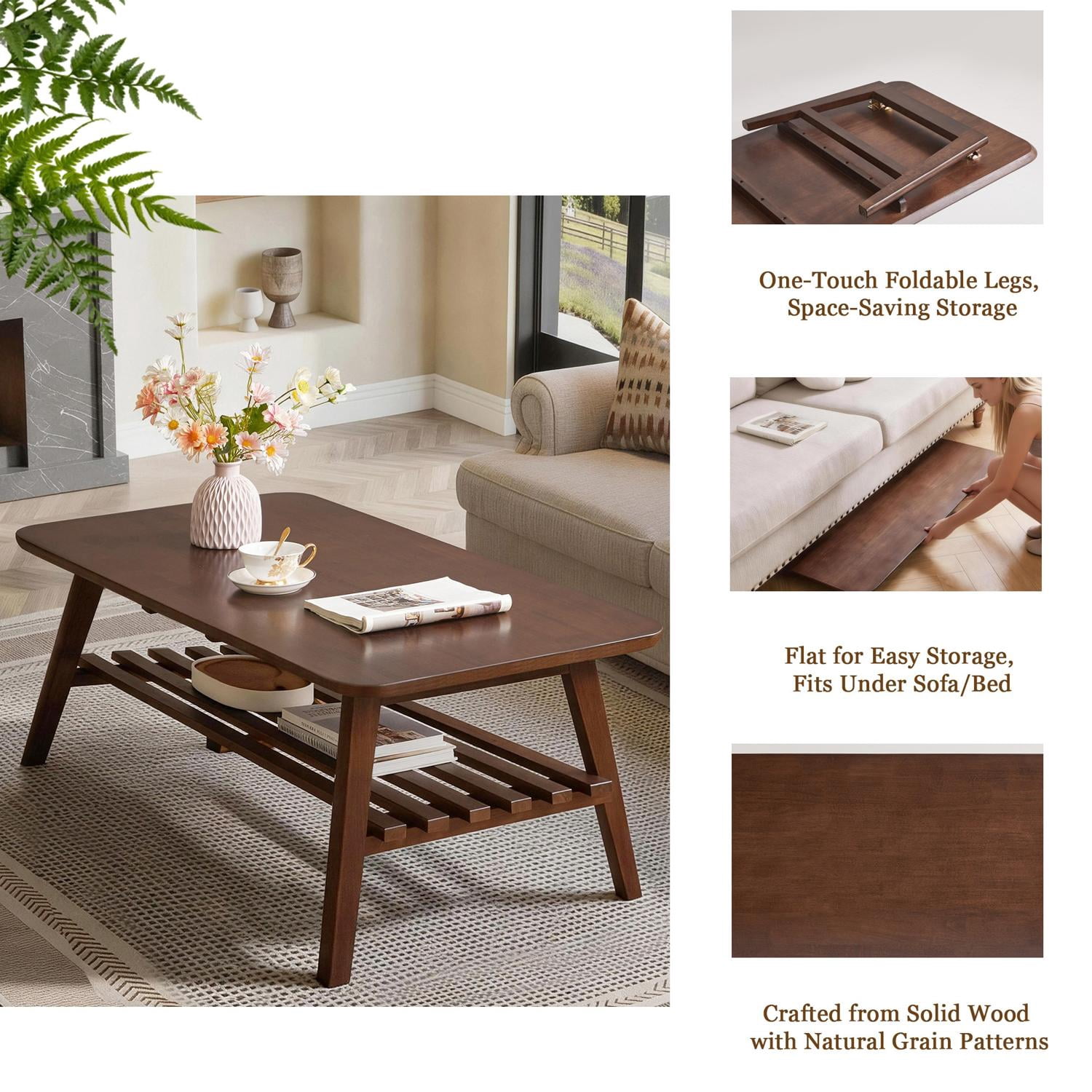 47.2x23.6-Inch Wooden Coffee Table with Storage Shelf, Mid-Century Rectangular Center Table and Side Table for Living Room, Walnut Brown