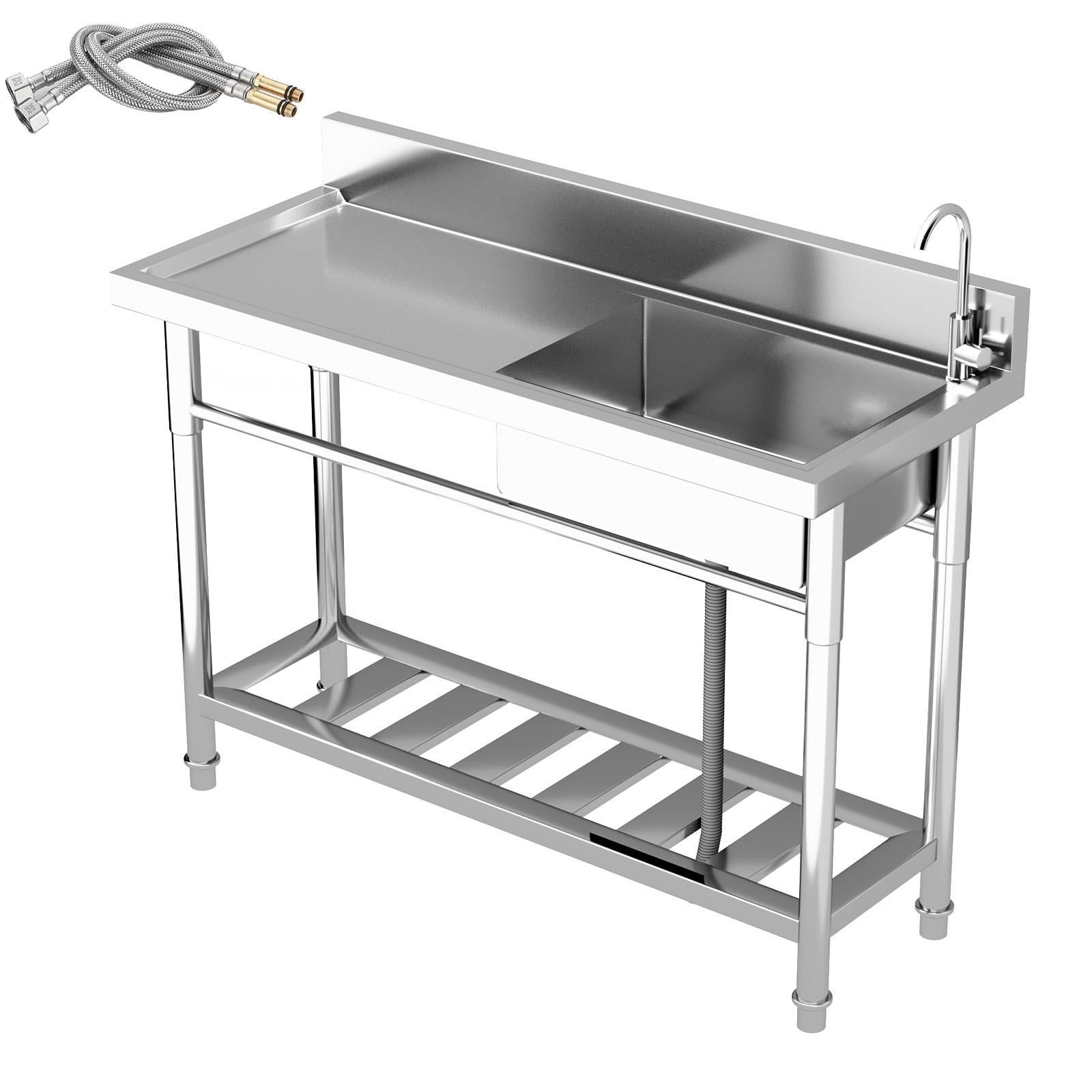 47.3" Commercial Stainless Steel Sink Workstation, 304 Stainless Single Bowl Utility Sink with Drainboard, 360° Swivel Faucet & Storage Shelf for Restaurant, Garage, Laundry