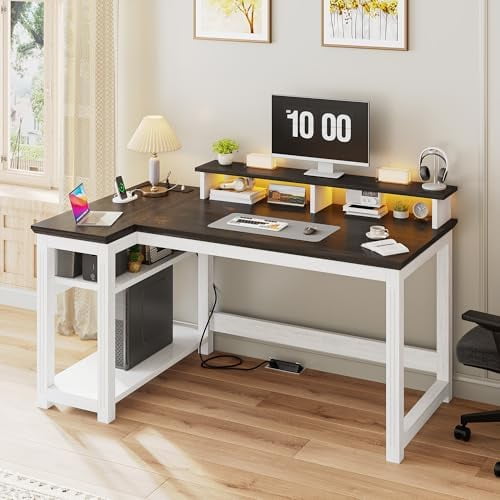 47.3" Computer Desk with Monitor Stand & LED Lights, Farmhouse Office Desk with Power Outlet & Storage Shelves for Home Office, Wood Computer Table for Bedroom Work, Metal Frame,White