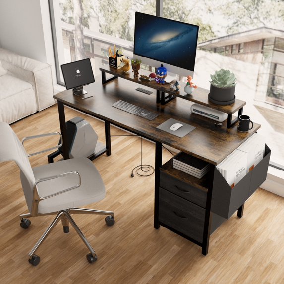47.3" Computer Desk Office Desk Study Table Workstation with 2 Drawers and Side Pocket Home Office Furniture for Home Office,Rustic Brown