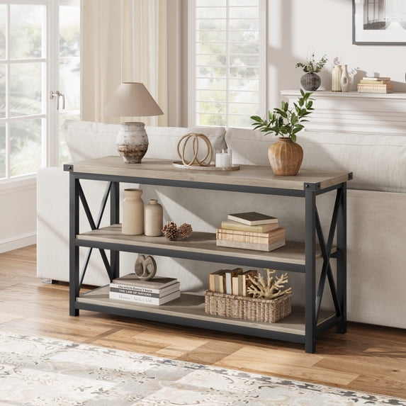 47.3" Farmhouse Console Table, Entryway Table with Storage, 3 Tier Sofa Table with Metal Frame, Behind Couch Table for Living Room, Hallway, Entryway-Grey