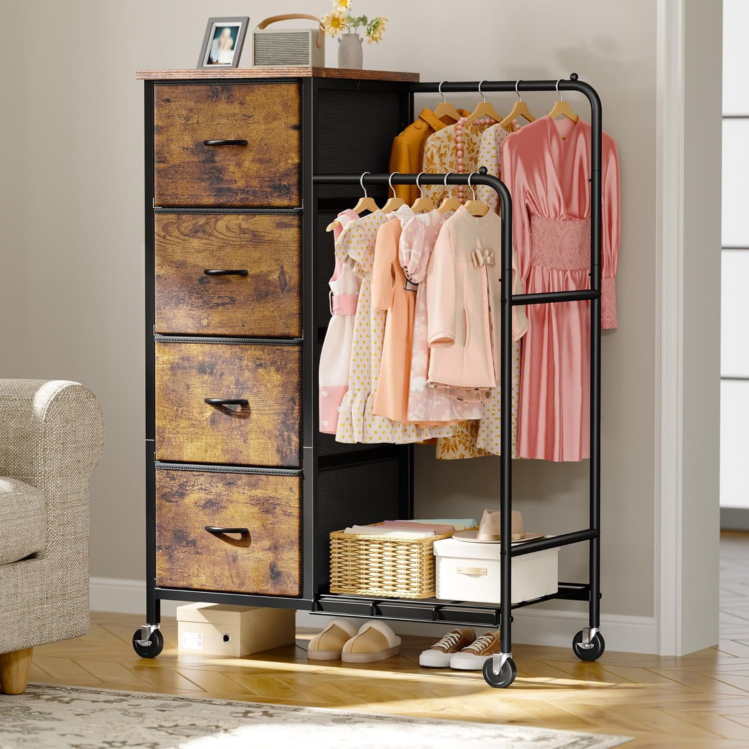47.3" H Dresser with Hanging Rack, 4 Fabric Drawers with Double Clothes Rack & Wheels, Tall Closet Organizer Dresser for Bedroom, Entryway, Rustic Brown, 15.8" D x 29.9" W x 47.3" H