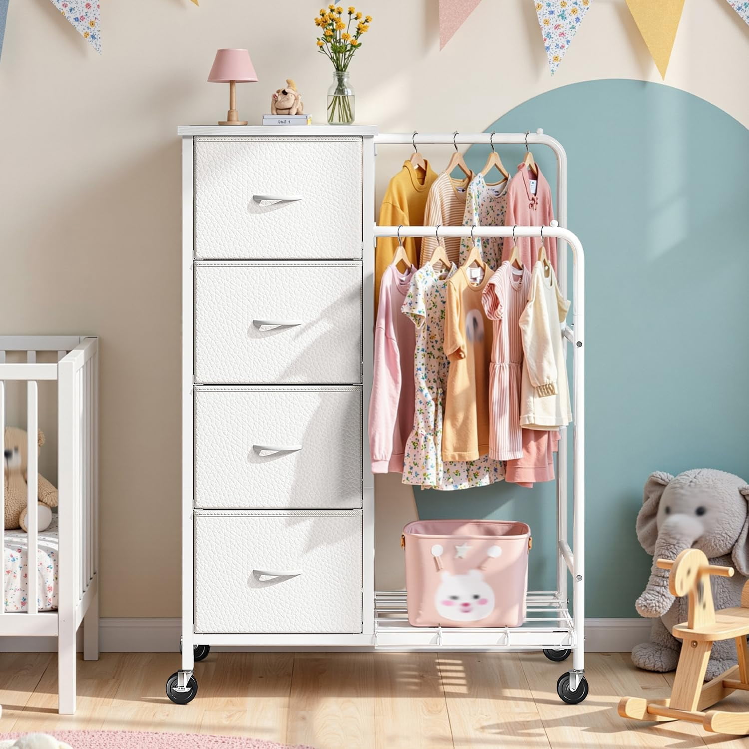 47.3" H Dresser with Hanging Rack, 4 Fabric Drawers with Double Clothes Rack & Wheels, Tall Closet Organizer Dresser for Bedroom, Entryway, White, 15.8" D x 29.9" W x 47.3" H