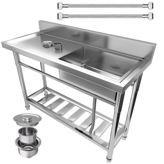 47.3 Inch Free Standing Stainless Steel Utility Sink with Left Workbench, Single Bowl Commercial Kitchen Sink Equipped with 360 Swivel Faucet for Restaurant Garage Outdoor Laundry Use