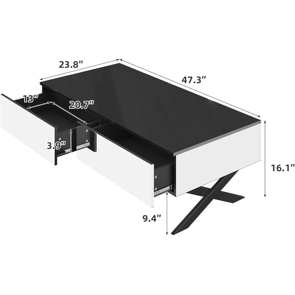 47.3 Inch Rectangular Mirror Coffee Table with Storage Drawers and Metal Base for Living Room