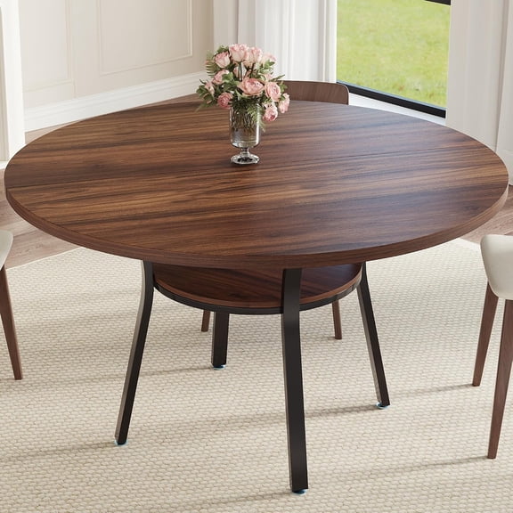 47.3 Inch Round Dining Table for 4-6, Modern Farmhouse Kitchen Table with Metal Legs and Storage Shelf, Wood Top Compact Dining Table for Apartment and Living Room,Walnut