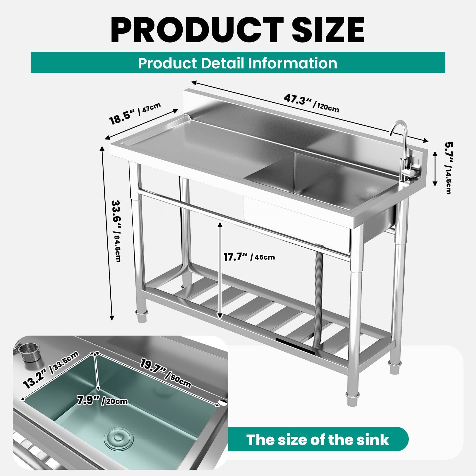 47.3 Inch Stainless Steel Utility Sink, Free Standing Single Bowl Kitchen Sink for Laundry Room, Farmhouse, Indoor & Outdoor Use