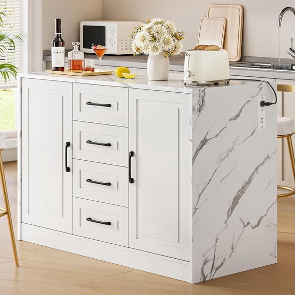 47.3" Kitchen Island with 2 Storage Cabinets & 4 Drawers, Modern Imitation Marble Dining Table with Power Outlet, Island Bar Table for Kitchen, Dining Room, Living Room, White