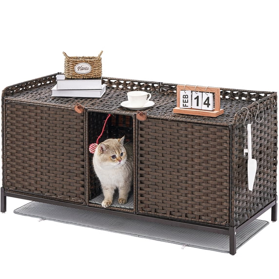47.3” Large Double Cat Litter Box Enclosure Furniture - Hidden Rattan Cabinet with Removable Mat & 2 Hooks for 2 Cats