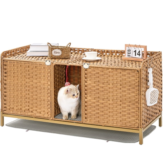 47.3” Large Double Cat Litter Box Enclosure Furniture - Hidden Rattan Cabinet with Removable Mat & 2 Hooks for 2 Cats