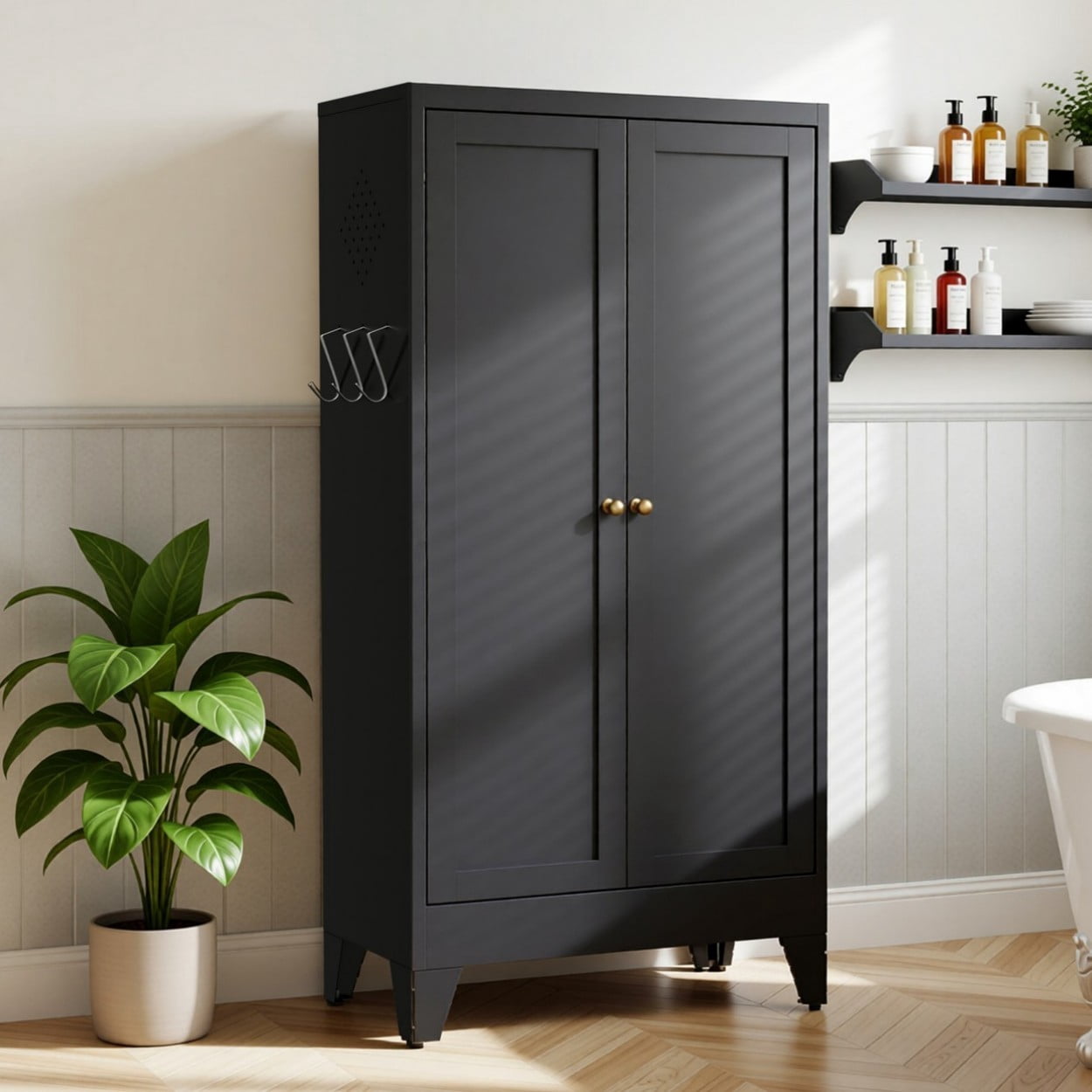 47.3" Metal Kitchen Pantry Cabinet with Doors, Heavy Duty Freestanding Storage Organizer, Adjustable Shelves, 110 LBS Capacity Steel Cabinet for Kitchen Pantry Living Room, Black