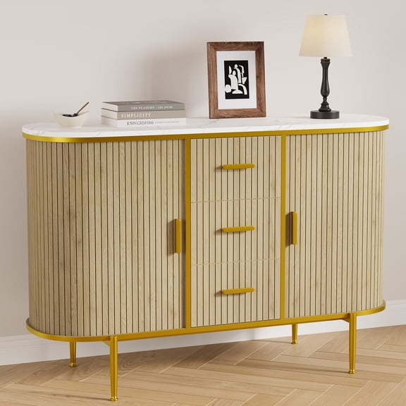 47.3" Mid-Century Fluted Buffet Cabinet, Curved Sliding Doors Storage Console with Faux Marble Top for Kitchen, Entryway and Living Room