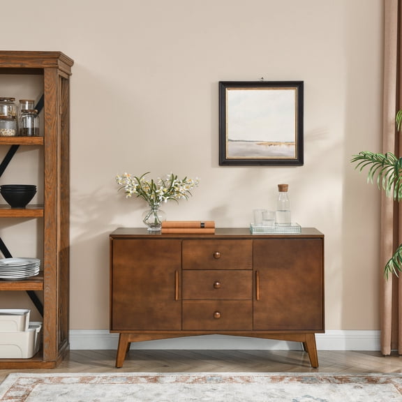 47.3 Mid Century Modern Sideboard Buffet Cabinet with Storage, 2 Doors 3 Drawers for Kitchen Dining Living Room, Accent Console Table, Walnut MDF, solid wood base